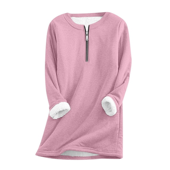 Fall Fashion Must Haves Womens Fashionable Long Sleeve Round Neck Solid Color Fleece Sweatshirt Zip Pullover Sweatshirt Tops for Winter Comfort