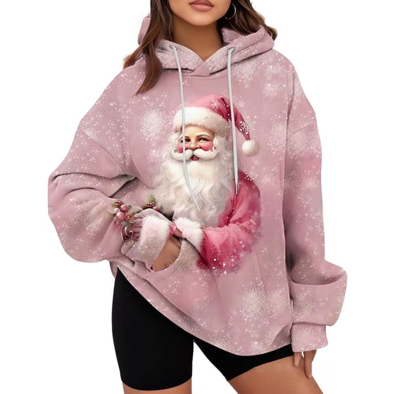Fall Fashion Must Haves Womens Long Sleeve Christmas Print Hooded Pullover Sweatshirt Drawstring Hoodie Holiday Top Women Fall Clothes