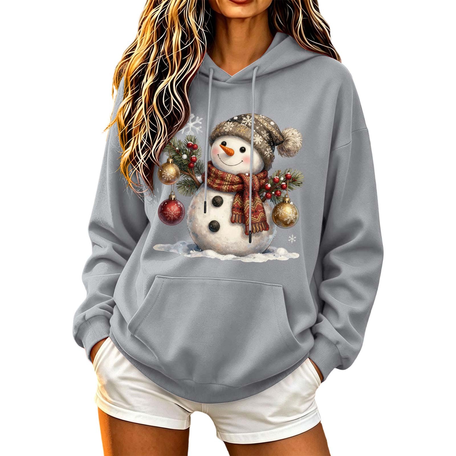 Fall Fashion Must Haves Womens Long Sleeve Christmas Print Hooded Pullover Sweatshirt Drawstring Hoodie Holiday Top Women