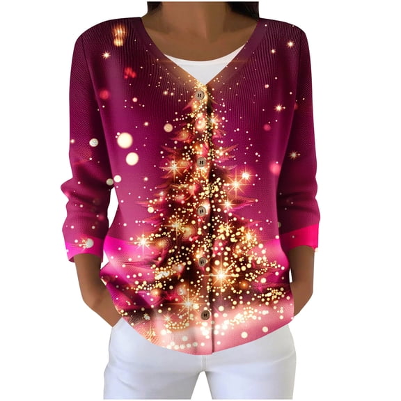Fall Fashion Must Haves Womens Long Sleeve Christmas Tree Cardigan V Neck Button Front Knit Top for Holiday Parties Women Fall Clothes