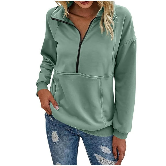 Fall Fashion Must Haves Womens Long Sleeve Solid Color V Neck Sweatshirt Tops Zip up Pullover Casual Wear Women Fall Clothes