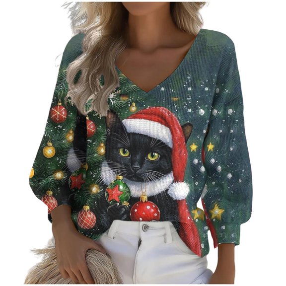 Fall Fashion Must Haves Womens Long Sleeve V Neck Christmas Print Pullover Sweatshirt Holiday Season Top Women Fall Clothes