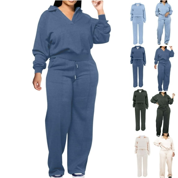 Fall Fashion Outfits for Women 2025 Plus Size Cropped Solid Color Lapel Neck Sweatshirts Winter Casual Drawstring Long Wide Leg Trousers with Pockets