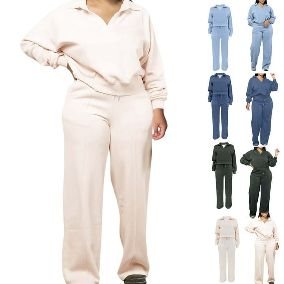 Fall Fashion Outfits for Women 2025 Plus Size Cropped Solid Color Lapel Neck Sweatshirts Winter Casual Drawstring Long Wide Leg Trousers with Pockets