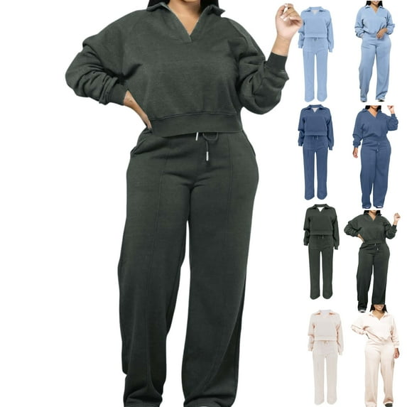 Fall Fashion Outfits for Women 2025 Plus Size Cropped Solid Color Lapel Neck Sweatshirts Winter Casual Drawstring Long Wide Leg Trousers with Pockets