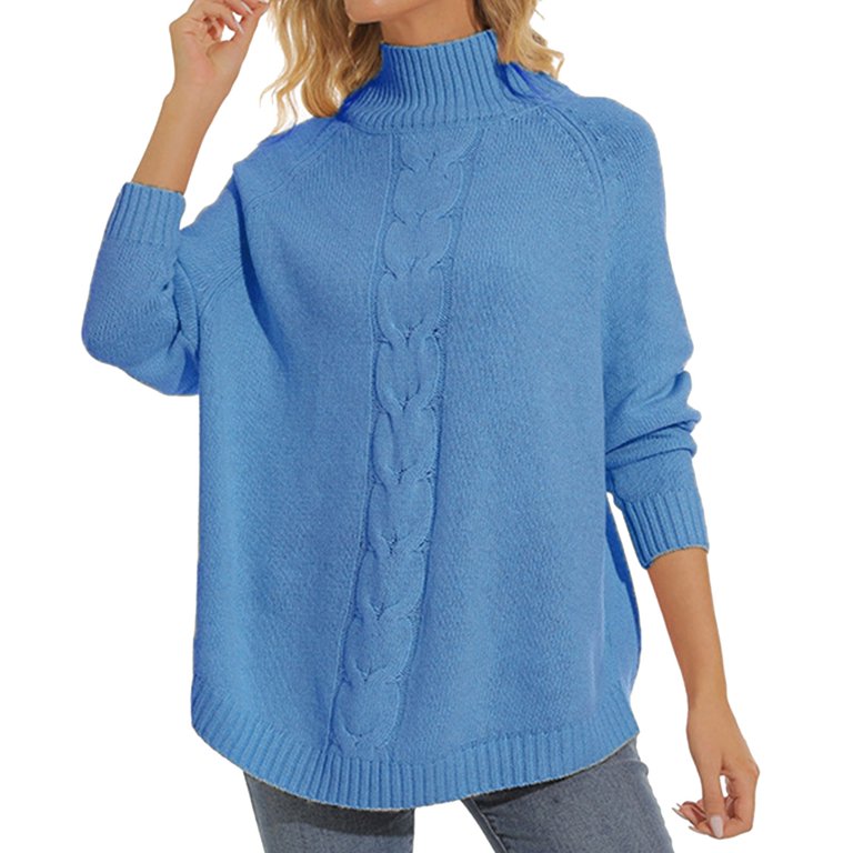 Fall Fashion Oversized Casual Pullover Knitting High Collar Casual Plus Size 3xl Women Sweater Top Rag Poets Sweater Blue L