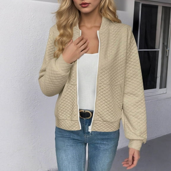 Fall Fashion Quilted Jacket for Women Basic Crew Neck Long Cuffed Sleeve Zip Up Coats with Pockets Casual Short Solid Color Cardigan Jackets