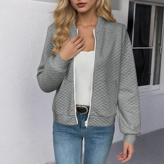 Fall Fashion Quilted Jacket for Women Basic Crew Neck Long Cuffed Sleeve Zip Up Coats with Pockets Casual Short Solid Color Cardigan Jackets