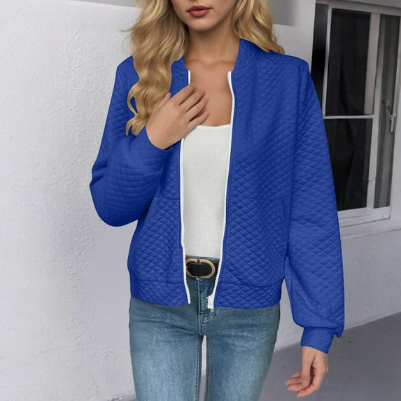 Fall Fashion Quilted Jacket for Women Basic Crew Neck Long Cuffed Sleeve Zip Up Coats with Pockets Casual Short Solid Color Cardigan Jackets