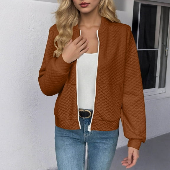 Fall Fashion Quilted Jacket for Women Basic Crew Neck Long Cuffed Sleeve Zip Up Coats with Pockets Casual Short Solid Color Cardigan Jackets
