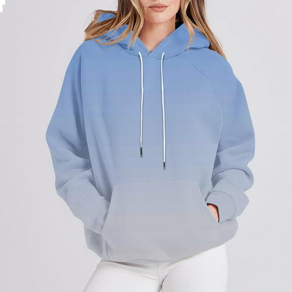 Fall Fashion Shirts for Women Trendy New Women's Fashion Printed T-Shirt Long Sleeves Drawstring Blouse Round Neck Casual Tops Hooded Sweatshirts Style B-46 Light Blue M