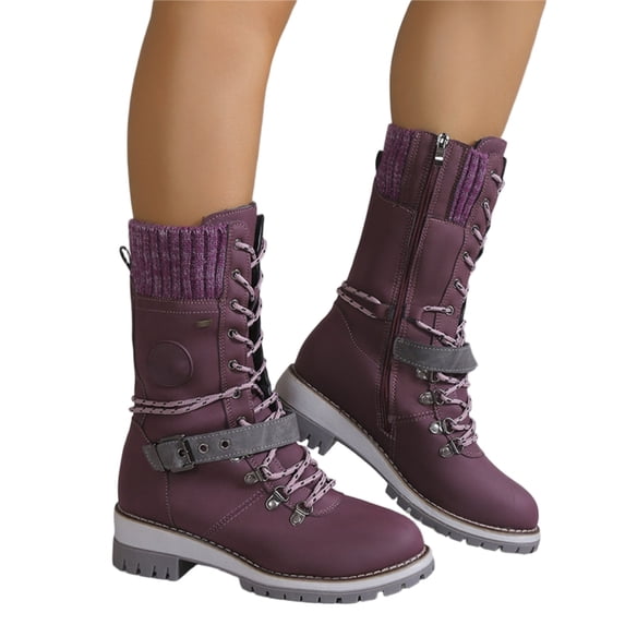 Fall Fashion Shoes, Women's Round Toe Side Zip Mid Calf Boots Casual Mid Height Boots with Fit and Supportive Sole for Jeans Leggings Commuting Shopping and Fall Winter Dress Boots, Purple US-8/EU-40