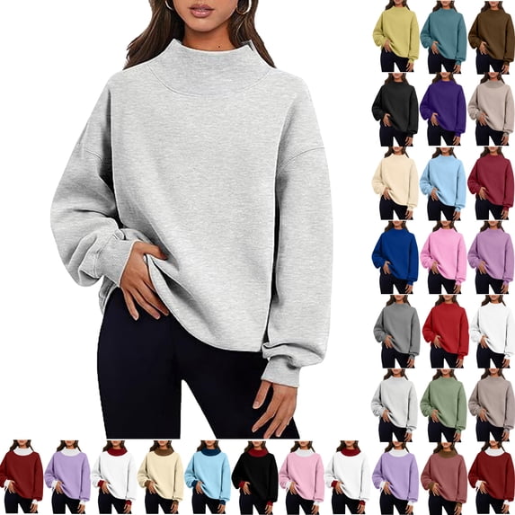 Fall Fashion Sweatshirts for Womens Pullover Plus Size Casual Loose Turtleneck Long Sleeve Solid Color Blouse Sweatshirt Tops