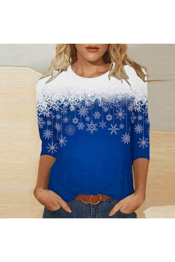 Fall Fashion Womens Tee Tops Womens Christmas Shirts Merry Xmas Round Neck Lightweight Ladies Pullover Blouses Trendy Snowflake Print Winter 3/4 Sleeve Tee Tops Tops