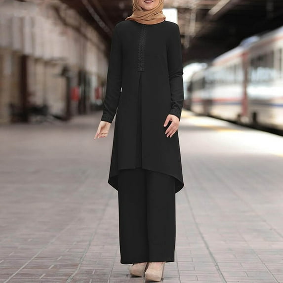 Fall Fashion for Women 2024 Women Spring Solid Color Muslim Solid Color Long Sleeve Shirt Coat Wide Leg Trousers Suit