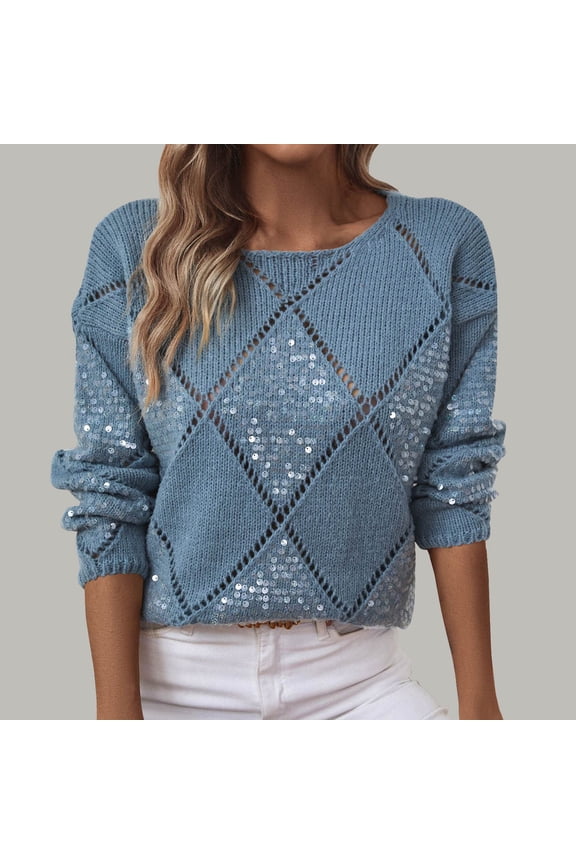 Fall Fashion2025 Sequin Argyle Check Knit Sweaters for Women Loose Solid Color Long Sleeve Crew Neck Pullover Sweatshirts Lightweight Hollow Out Sweater