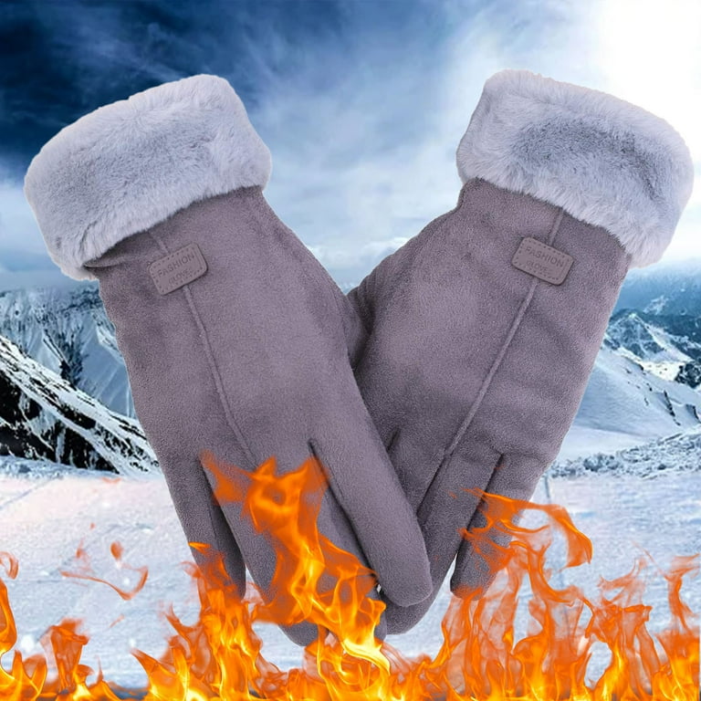 Fall Faux Leather Long Sleeve Thermal Snow Gloves for Women Gray