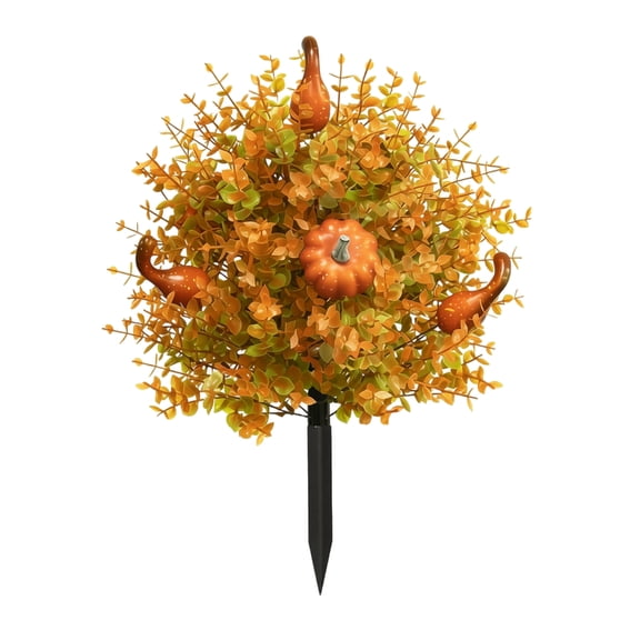 Fall Faux Shrub for Outdoor, 19.7 Inch UV Resistant Mum Flowers Topiary Balls with Ground Spike, Fake Bushes Tree for Porch Garden Pathway Autumn Decor, Orange