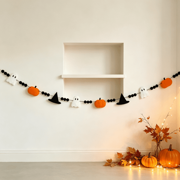 Fall Felt Banner Garland with Ghost Pumpkin Witch Hat Black Pom Poms, Halloween Hanging Decor for Mantel Window Wall Indoor Outdoor Party Setting