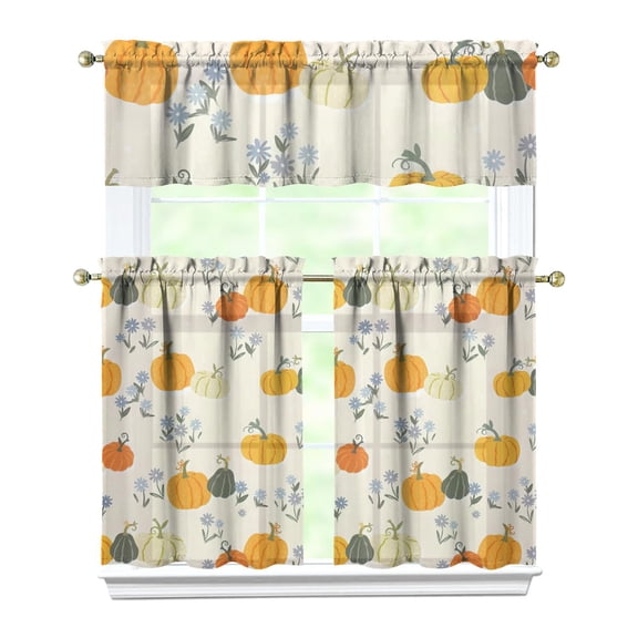 Fall Festival Tier Curtains Set of 3 Pumpkin Pattern Semi-Sheer Kitchen Window Treatment Panels