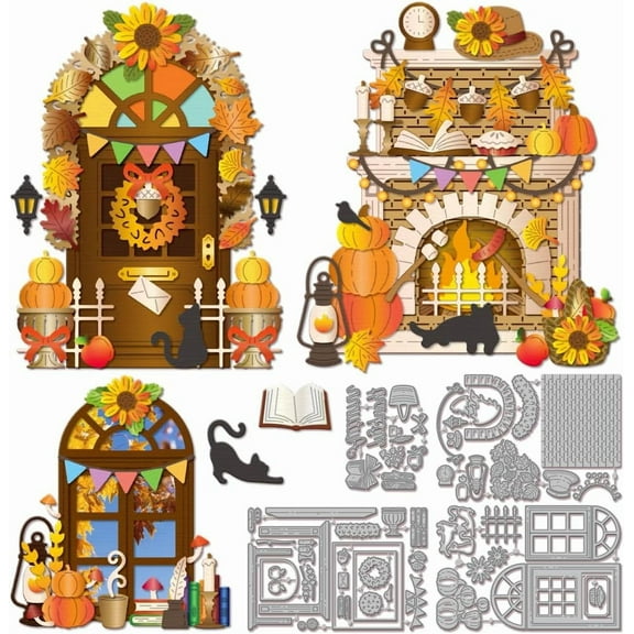 Fall Fireplace Cutting Dies Metal Autumn Window Door Die Cuts Pumpkin Leaves Cutting Embossing Templates for Scrapbooking Crafts Paper Thanksgiving Cards Making