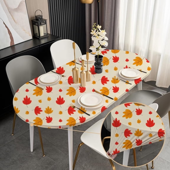 Fall Fitted Oval Table Cloth with Elastic 42x60 Inch Light Yellow Tablecloth Spandex Stretchy Fabric Dining Table Cover for Outdoor Party Wrinkle Free Non Slip Cute Autumn Leaves