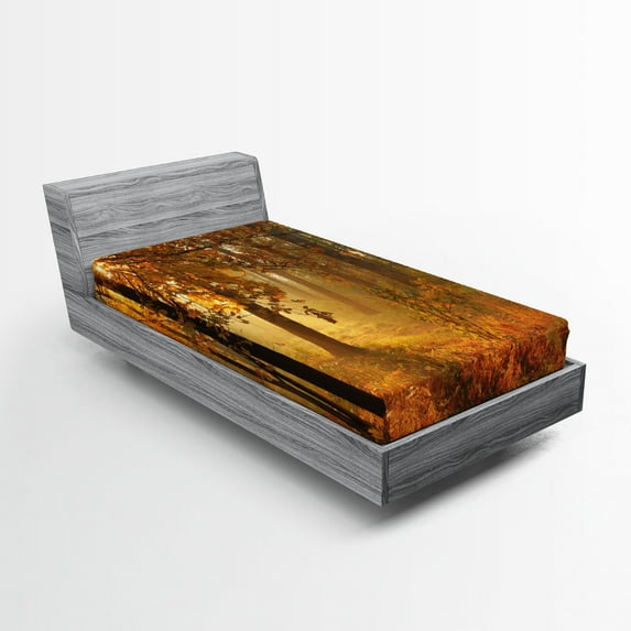 Fall Fitted Sheet, Misty Autumnal Forest with Rising Sun Early Morning in Foggy Woods Scenery, Decorative Soft Bedding All-round Elastic Pocket, Twin Size, Orange Brown Green, by Ambesonne