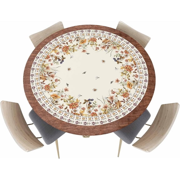 Fall Fitted Tablecloth - Round Table Cover, Boho Style with Elastic Edge, Waterproof and Botanical Retro Flower Pattern for Indoor/Outdoor 45-54in