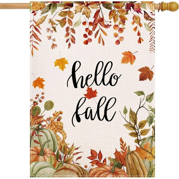 Fall Flags 28 X 40 Double Sided Hello Fall Pumpkin Decorative House Flags for Outside Outdoors Autumn Burlap Flags Welcome Large Flag Farmhouse Porch Lawn Decor