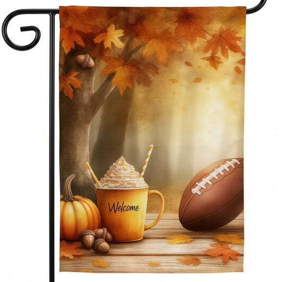 Fall Flags Large 28x40in A cup of coffee and a football on a wooden table Fall Garden Flags for Outside
