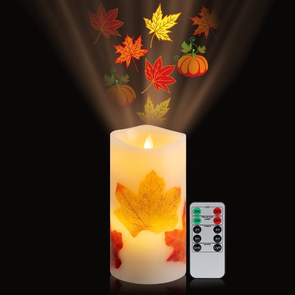 Fall Flameless Candles Projector Lights with Pumpkin Maple Leaf Projection, Flickering Wax Pillar Candles with Remote & Timer, Electric LED Candle Battery Operated for Fall Harvest Thanksgiving Decor