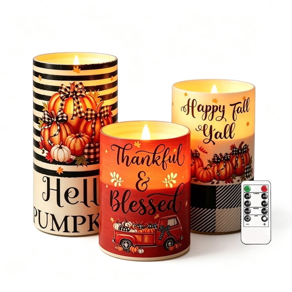 Fall Flameless Candles Set of 3, Flickering Farmhouse LED Candles with Remote & Timer, Decorative Electric Pillar Candles Battery Operated, Fall Candles Light for Home Autumn Thanksgiving Decor