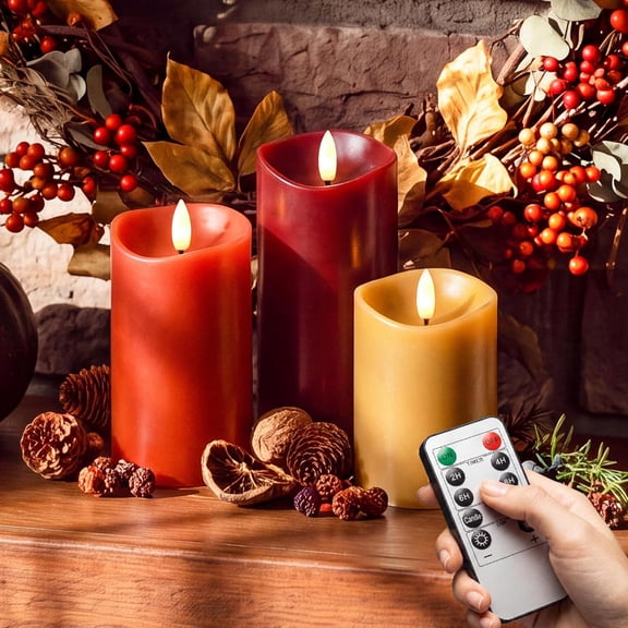 Fall Flameless Pillar Candles with Remote, Real Wax LED Candles, Set of 3