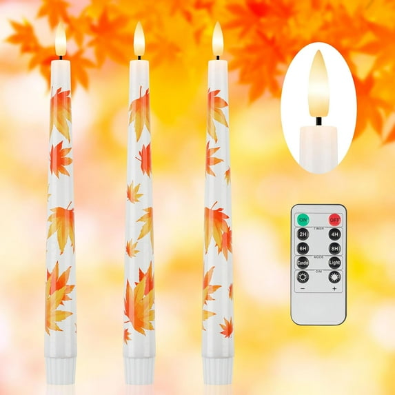 Fall Flameless Taper Candles, 9.6" Maple Leaf Battery Operated Candles with Remote, Real Wax Autumn Led Candle, Flickering Candlesticks for Fall, Thanksgiving, Harvest, Halloween Decor, 3 Pack