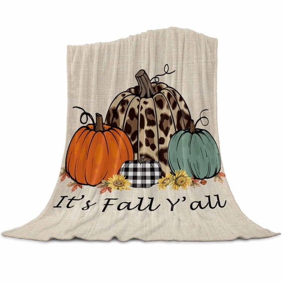 It's Fall Flannel Blanket for Bed,Travel and Camping, Y'all Leopard Plaid Pumpkin Harvest Linen Texture Super Soft Cozy Blanket for All Seasons 50"x60"