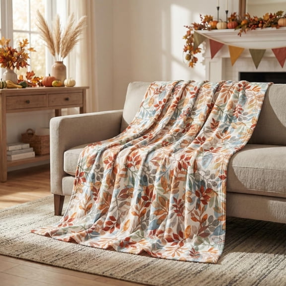 Fall Flannel Blanket Throw, Orange Blue Watercolor Leaves Baby Soft Fuzzy Plush Cozy Fleece Blankets for Couch Sofa Bed Lounging, Ideal Gifts for Kids Adults Wife Self, 40x50