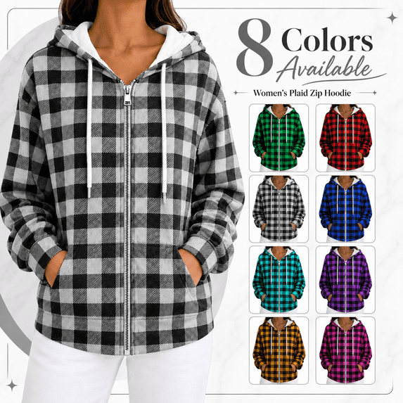 Fall Flannel Plaid Shirt for Women, Zipper Drawstring Hooded Long Sleeves Jackets, Causal Comfy Daily Blouses with Pockets
