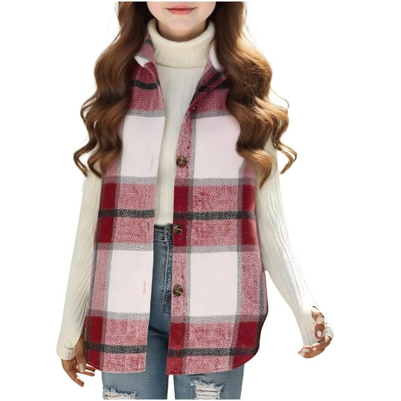 Fall Flannel Plaid Vests Teen Girls Button Sleeveless Shirt Jackets Trendy Cardigan 6-7Y