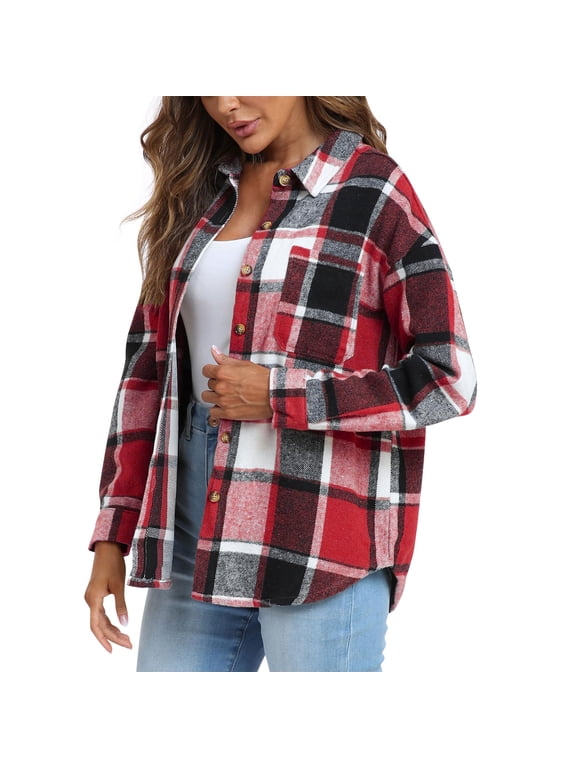 Fall Flannel Shirts for Women - Women's Plaid Shirt, Ladies Long Sleeve Button-Up Flannel Tops, Female Casual Collared Shirt for Fall and Winter Jackets
