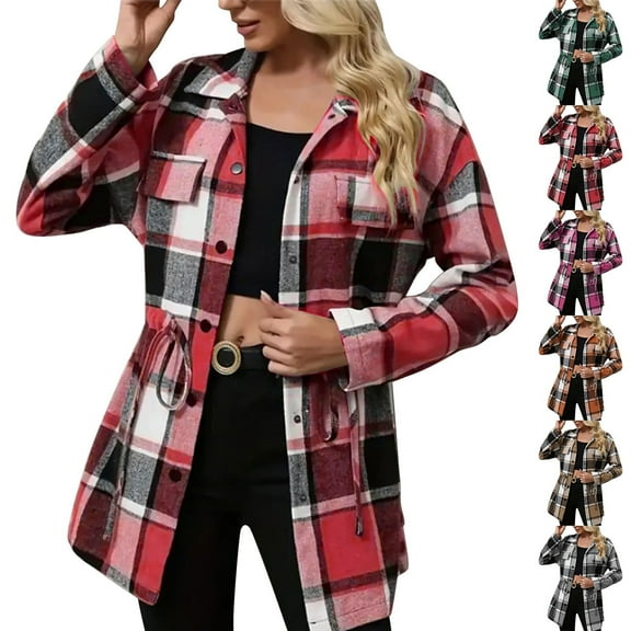 Fall Flannel Women Jackets - Flannel Jackets for Women Tie Waist Long Sleeve Plaid Collared Shirt Jackets with Pockets Snap Closure Fall Winter Coats