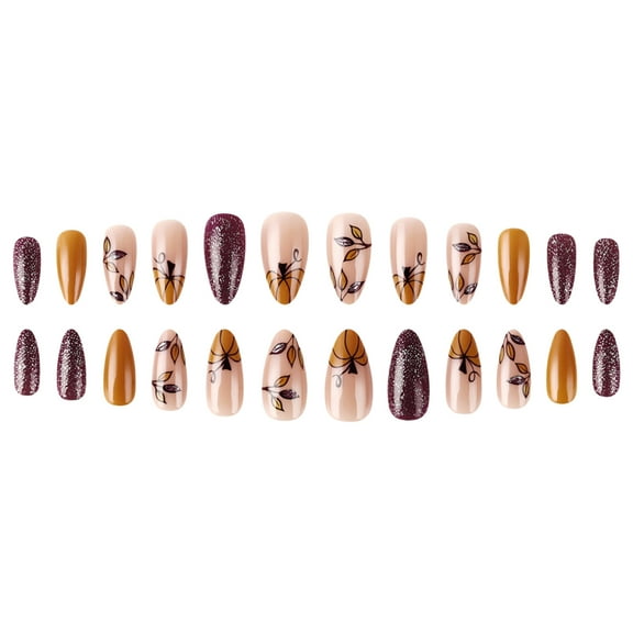 Fall Flase Nails Press on Nails Halloween Almond On Nails with Pumpkin Leaf for Women Thanksgiving Nails Art