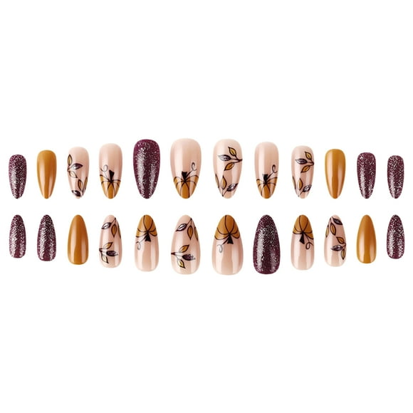 Fall Flase Nails Press on Nails Halloween Almond On Nails with Pumpkin Leaf for Women Thanksgiving Nails Art