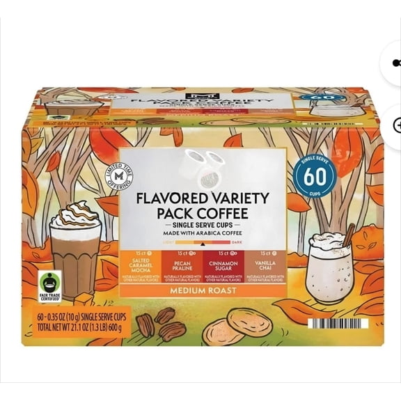 Fall Flavored Coffee Pods, Variety Pack, 60 ct (Salted Caramel Mocha, Pecan Praline, Cinnamon Sugar and Vanilla Chai)