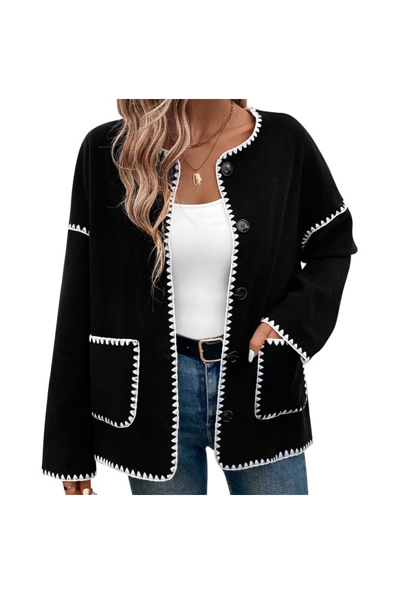 Fall Fleece Jackets for Women Trendy Lightweight Button Down Color Block Outerwear with Pockets