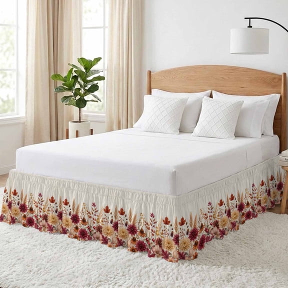 Fall Floral Bed Skirt Queen Size 16 Inch Drop, Dark Red Flower Pinecone Maroon Mum Wheat Linen Texture Adjustable Elastic Dust Ruffles Bedskirt for Queen Bed Wrap Around Pleated Mattress Frame Cover