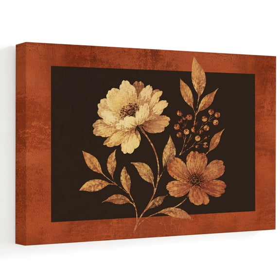 Fall Floral Canvas Wall Art, Country Vintage Pastoral Flower Leaf Brown Border Frame Wall Art Prints Artwork Framed Canvas Ready to Hang Art Pictures for Bathroom, Dressing Table, Entryway 12" x 8"