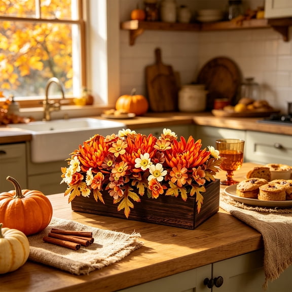 Fall Floral Centerpiece Planter Box Autumn Faux Flower Tabletop Arrangement for Thanksgiving Window Sill Decor
