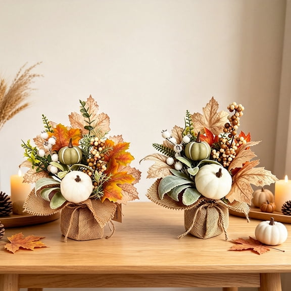 Fall Floral Centerpiece, Potted Harvest Decoration, Maple Pumpkin and Flower Arrangement for Vases Centerpieces and Dining Tables, Synthetic Foliage with Freestanding Bouquet