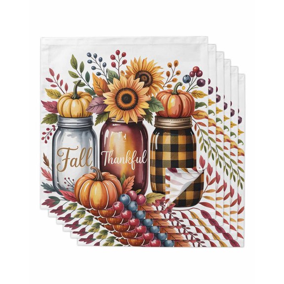 Fall Floral Cloth Napkins Set of 6 Reusable Dinner Napkins, Thanksgiving Autumn Sunflower Pumpkin Botanical Cocktail Napkin Washable Table Napkins for Wedding/Holiday Party/Baby Shower 20"x20"