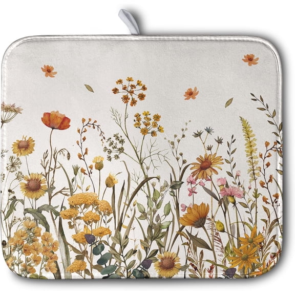 Fall Floral Dish Drying Mat for Kitchen Counter Autumn Burnt Orange Wild Flowers Dish Draining Mat Absorbent Microfiber Dishes Pad Washable Dish Drainer Rack Mat Medium 16"x18"